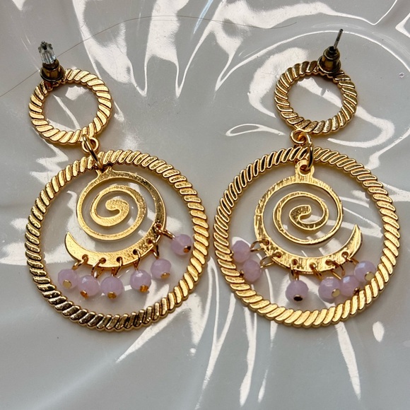 Lightweight Gold Spiral & Pink Bead Drop Earrings - Picture 2 of 4
